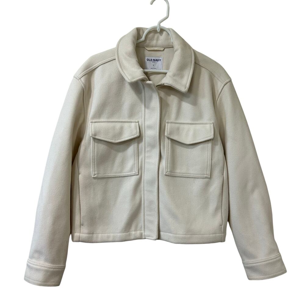 Old Navy Womens Sz Large Beige Full Zip Relaxed Shirt Jacket Shacket Minimalist